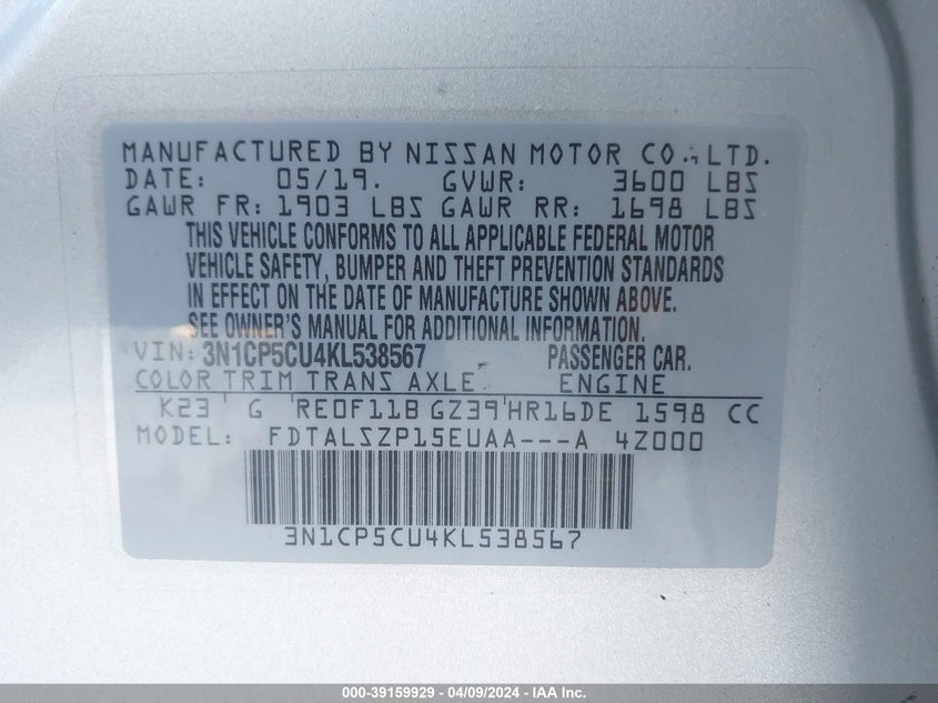 VIN 3N1CP5CU4KL538567 2019 NISSAN KICKS S/SR/SV