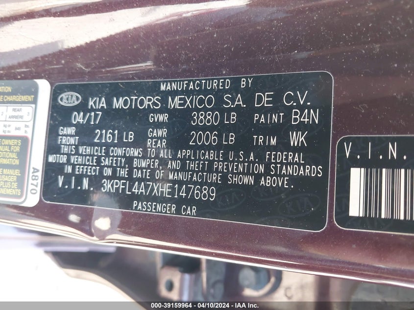 2017 KIA FORTE LX/S - 3KPFL4A7XHE147689