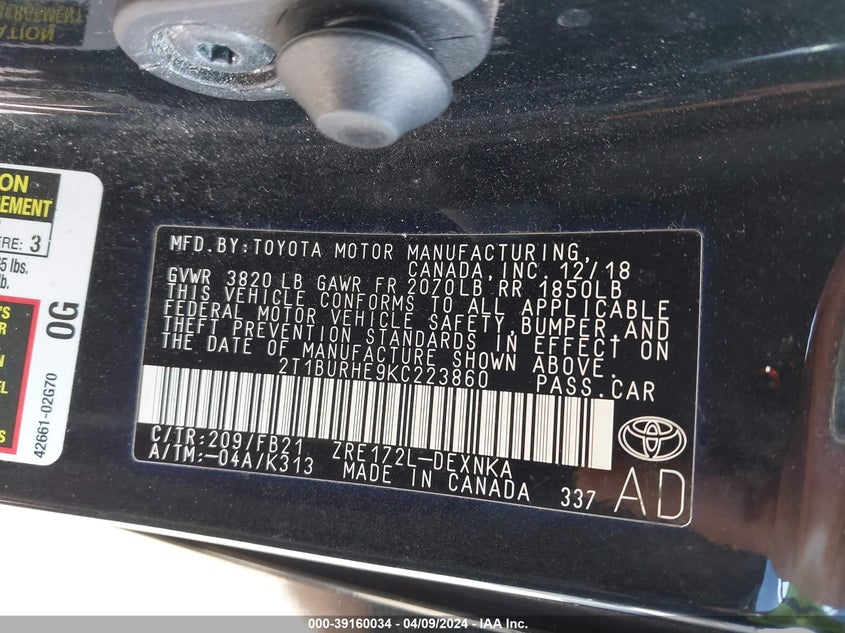 VIN 2T1BURHE9KC223860 2019 TOYOTA COROLLA L/LE/XLE/SE/XSE
