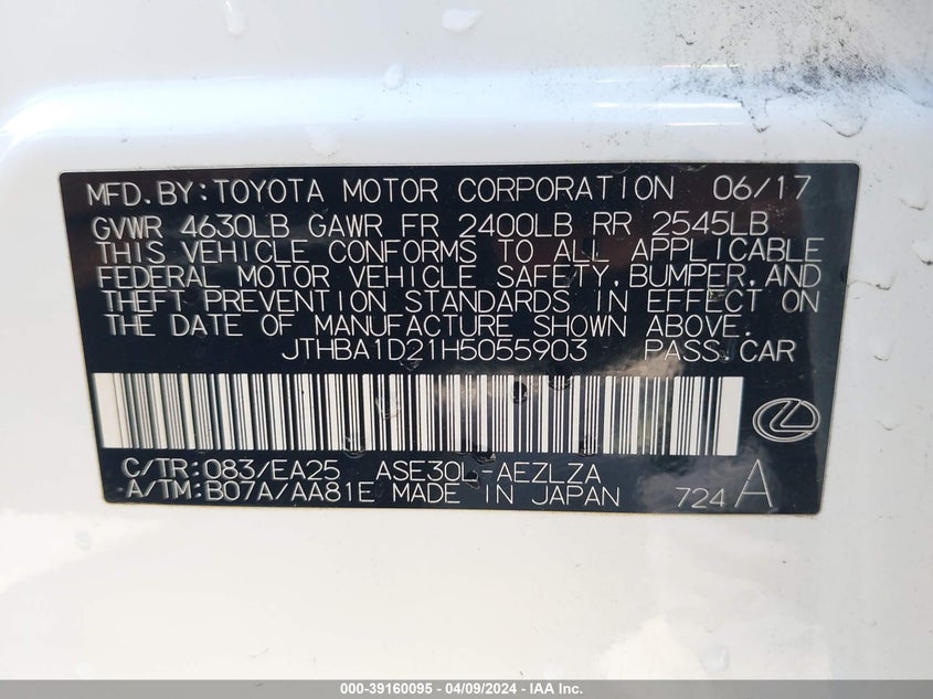 VIN JTHBA1D21H5055903 2017 LEXUS IS 200T