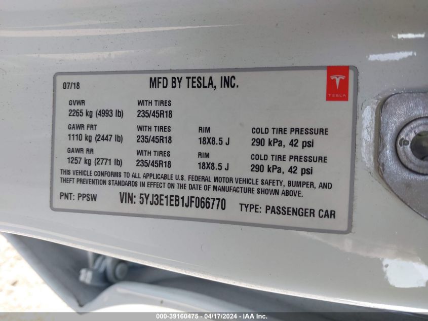 2018 TESLA MODEL 3 - 5YJ3E1EB1JF066770