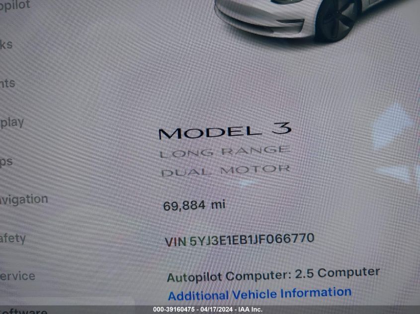 2018 Tesla Model 3 Long Range/Performance VIN: 5YJ3E1EB1JF066770 Lot: 39160475