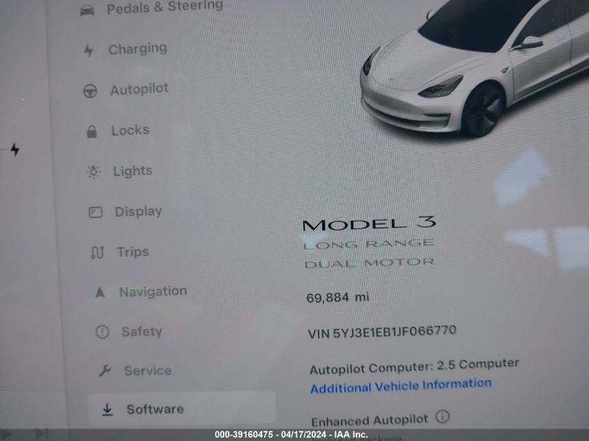 2018 Tesla Model 3 Long Range/Performance VIN: 5YJ3E1EB1JF066770 Lot: 39160475