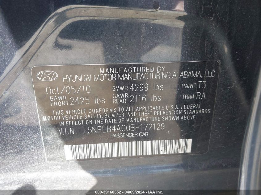 5NPEB4AC0BH172129 | 2011 HYUNDAI SONATA