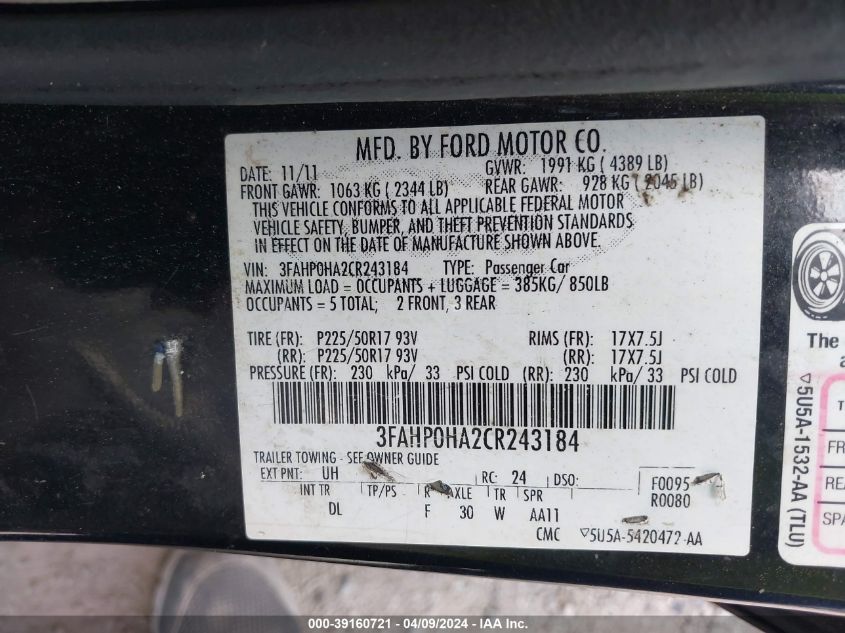 3FAHP0HA2CR243184 | 2012 FORD FUSION