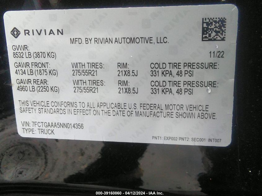 7FCTGAAA5NN014356 | 2022 RIVIAN R1T