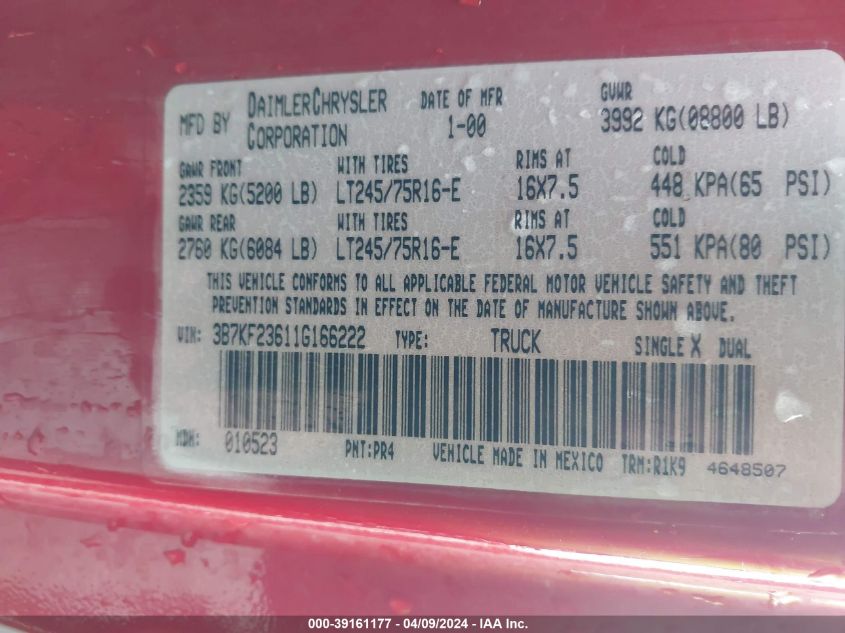 2001 Dodge Ram 2500 St VIN: 3B7KF23611G166222 Lot: 39161177