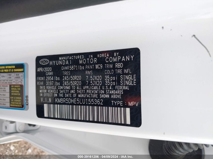 2020 Hyundai Palisade Limited VIN: KM8R5DHE5LU155362 Lot: 39161206