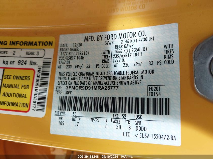 2021 Ford Bronco Sport Badlands VIN: 3FMCR9D91MRA28777 Lot: 39161248