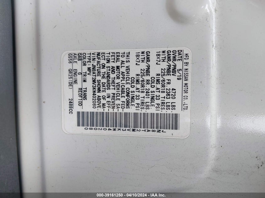 2019 NISSAN ROGUE SV - JN8AT2MV3KW402080