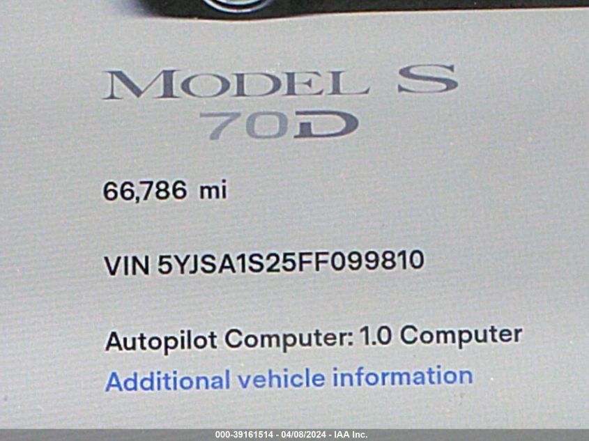 5YJSA1S25FF099810 | 2015 TESLA MODEL S