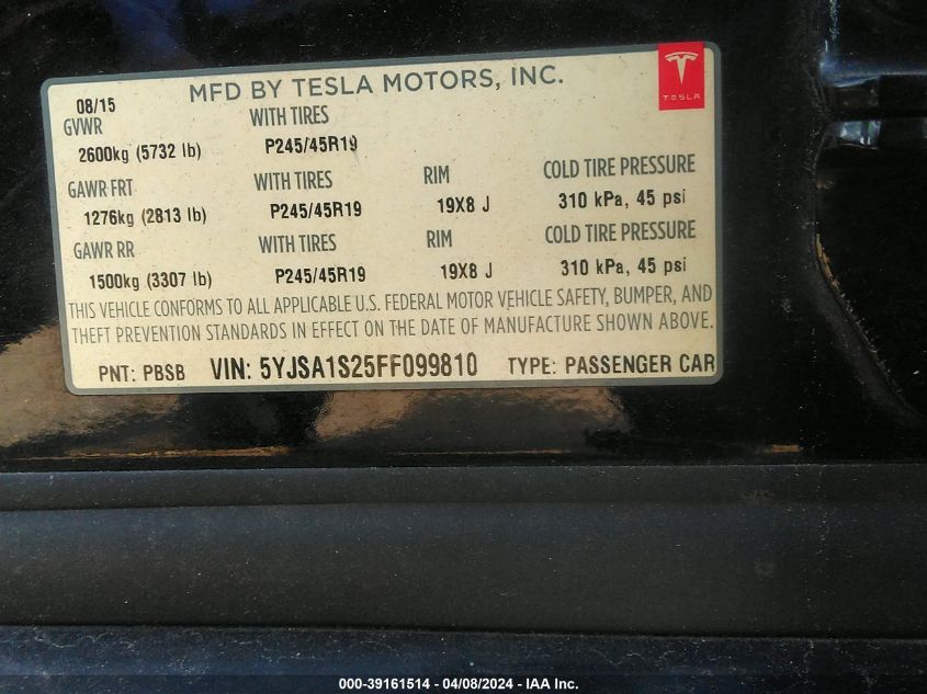 5YJSA1S25FF099810 | 2015 TESLA MODEL S