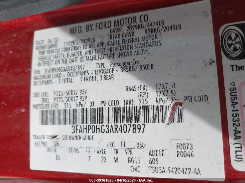 3FAHP0HG3AR407897 | 2010 FORD FUSION