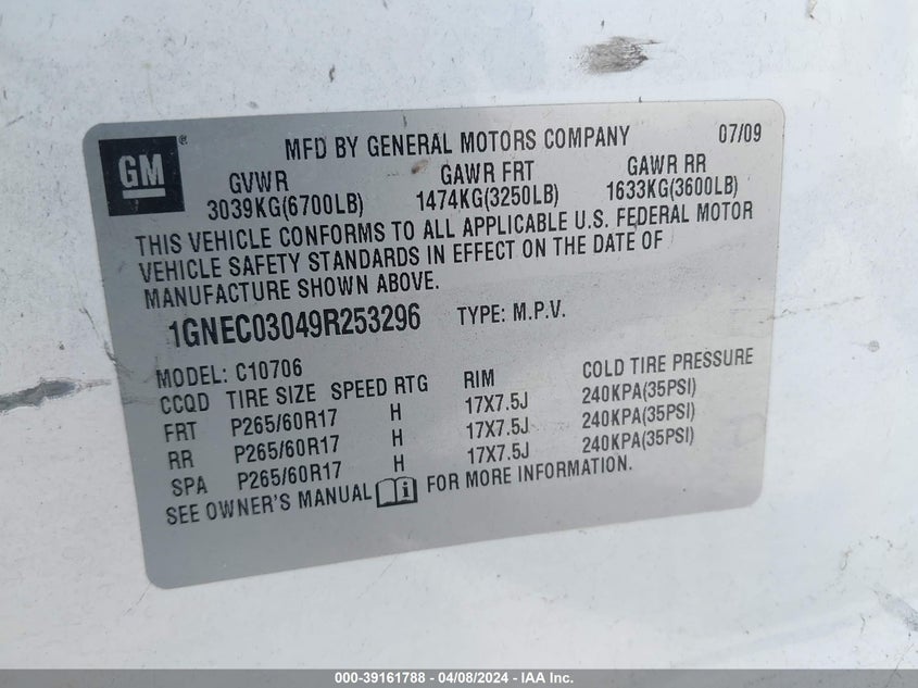 2009 CHEVROLET TAHOE VIN: 1GNEC03049R253296