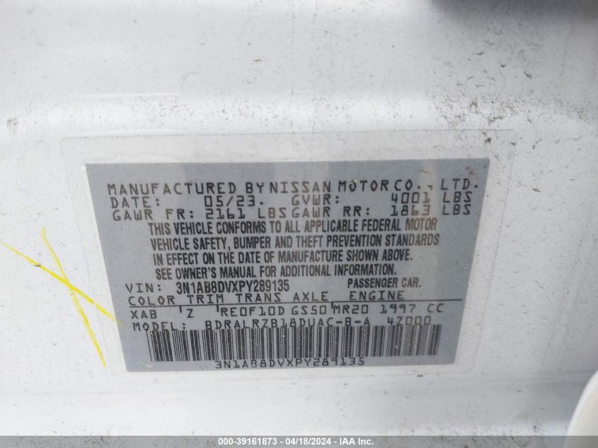 2023 Nissan Sentra Sr Xtronic Cvt VIN: 3N1AB8DVXPY289135 Lot: 39241923