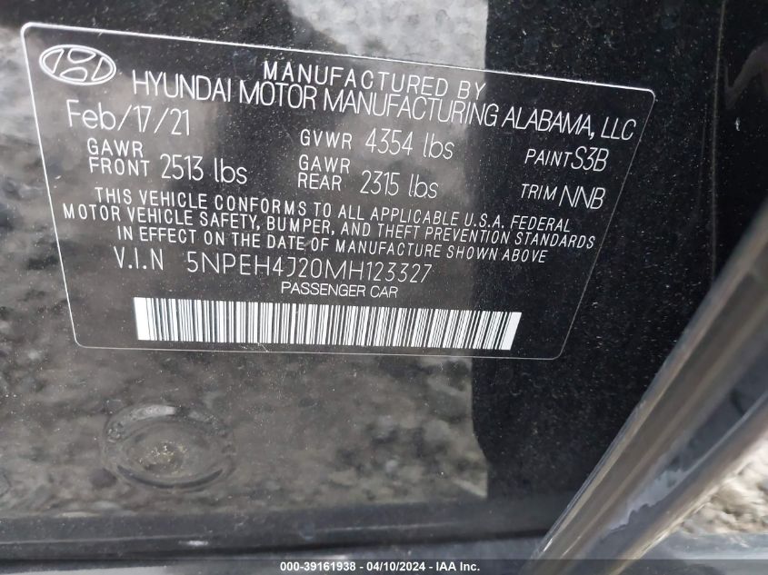 2021 Hyundai Sonata Limited VIN: 5NPEH4J20MH123327 Lot: 39161938