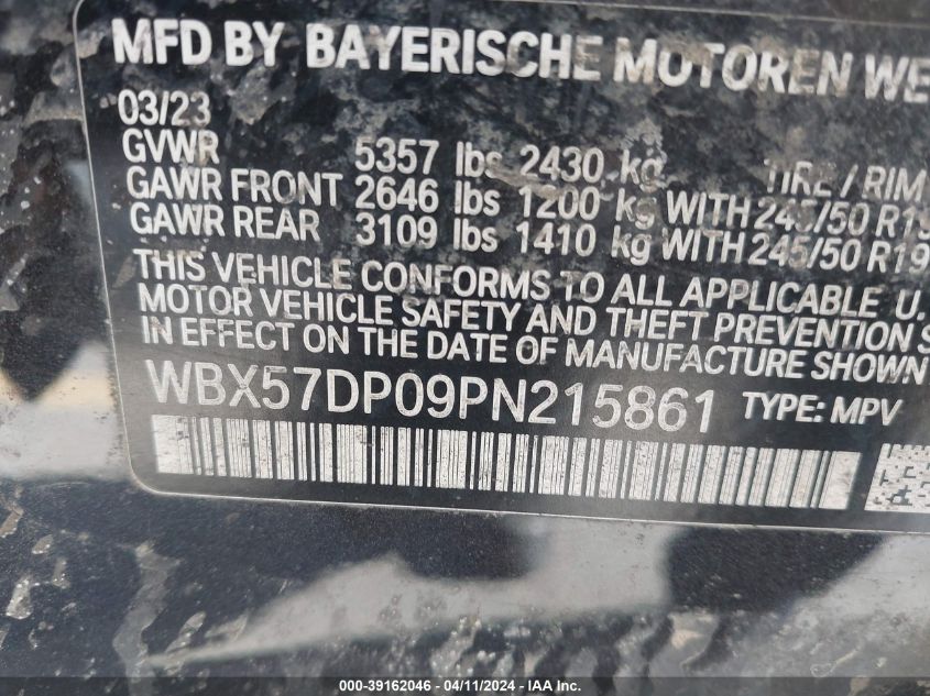 2023 BMW X3 xDrive30I VIN: WBX57DP09PN215861 Lot: 39162046