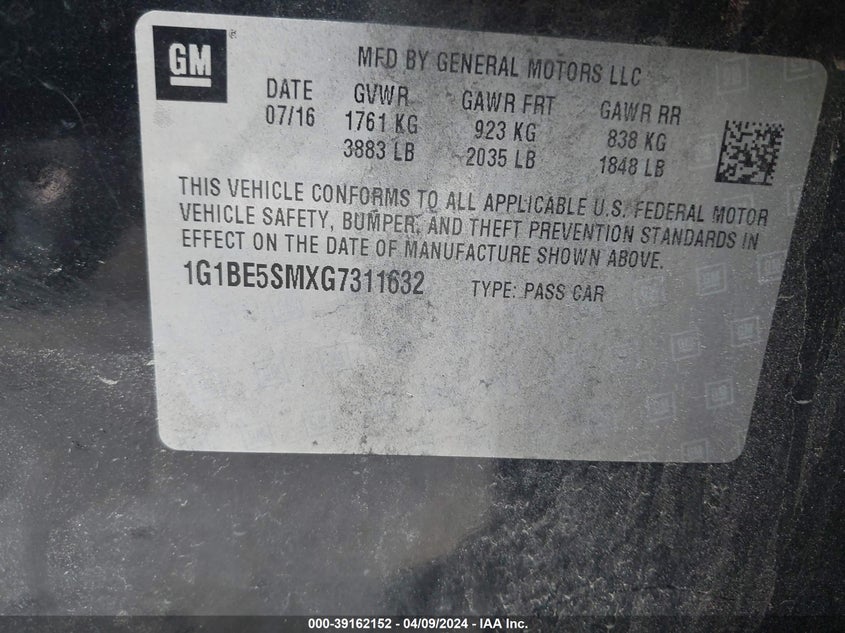 2016 CHEVROLET CRUZE LT - 1G1BE5SMXG7311632