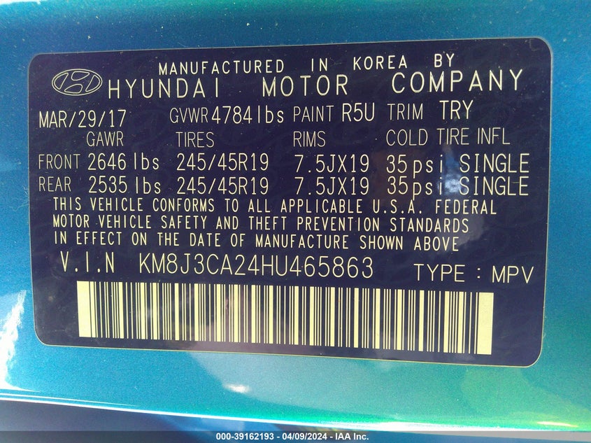 2017 HYUNDAI TUCSON SPORT - KM8J3CA24HU465863