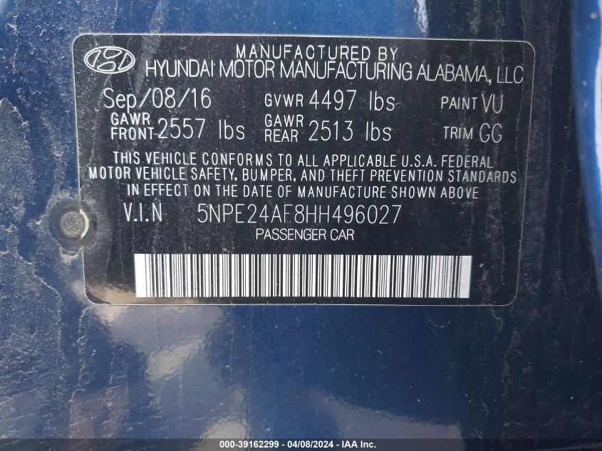 5NPE24AF8HH496027 | 2017 HYUNDAI SONATA