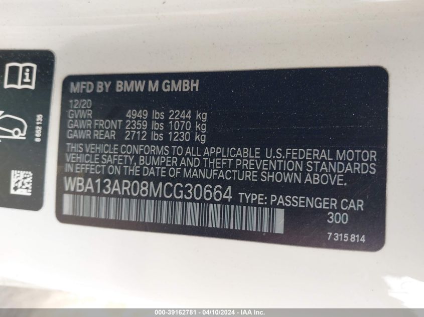 WBA13AR08MCG30664 2021 BMW M440I xDrive