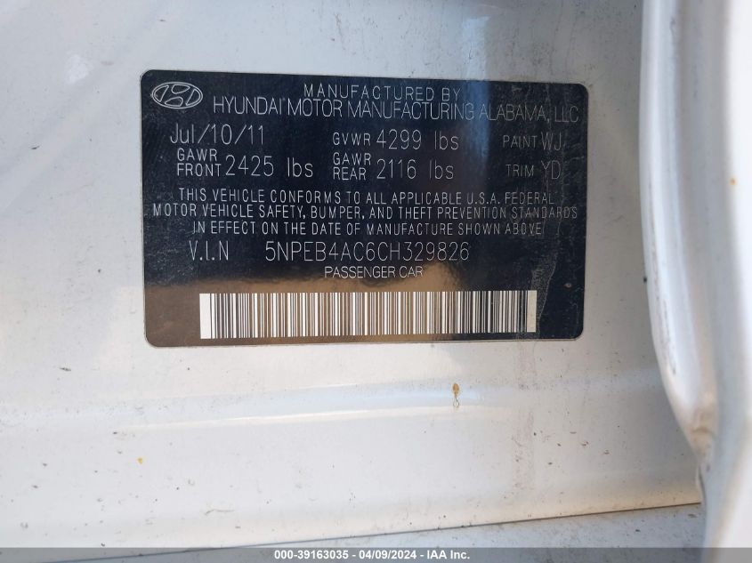 5NPEB4AC6CH329826 | 2012 HYUNDAI SONATA