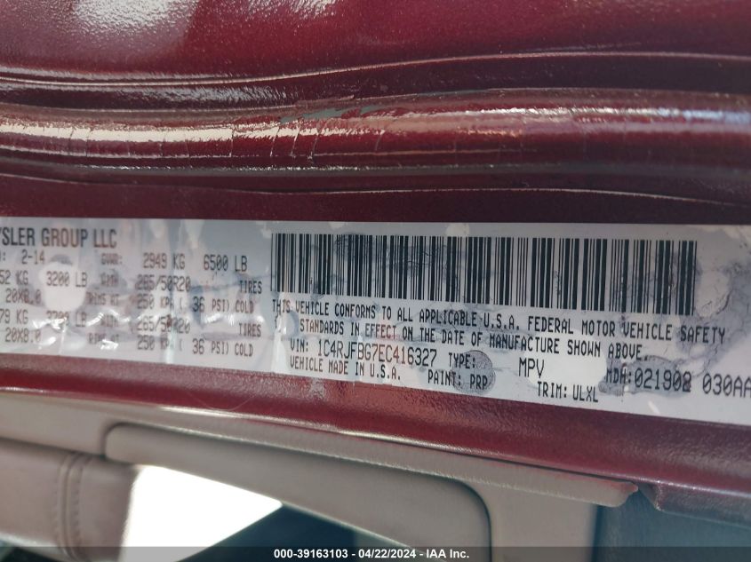 2014 Jeep Grand Cherokee Limited VIN: 1C4RJFBG7EC416327 Lot: 39163103