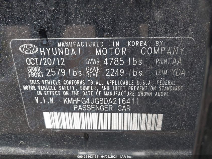 KMHFG4JG8DA216411 | 2013 HYUNDAI AZERA