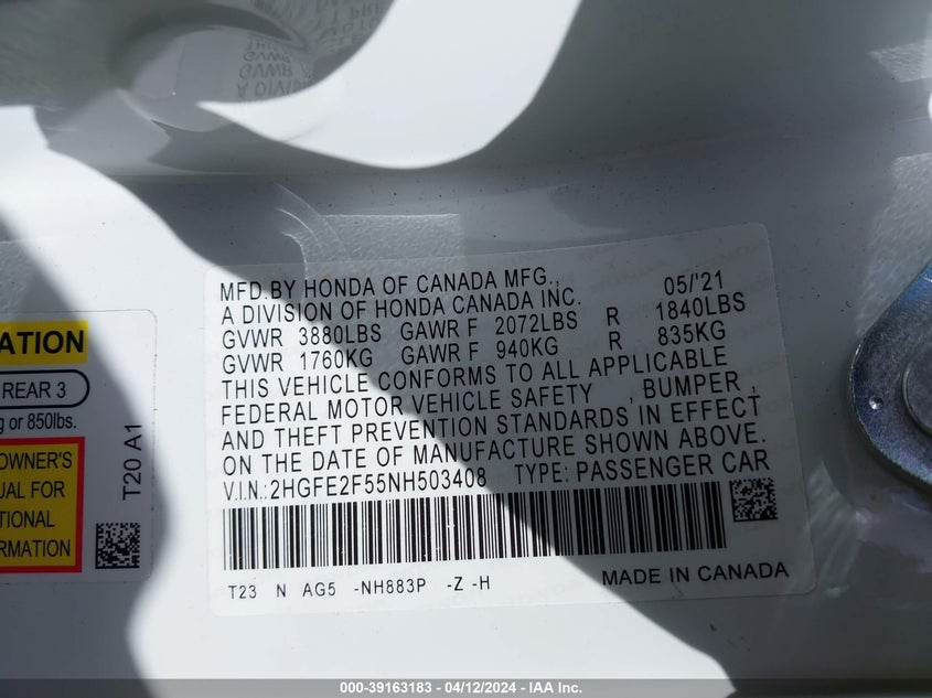 2022 HONDA CIVIC SPORT - 2HGFE2F55NH503408