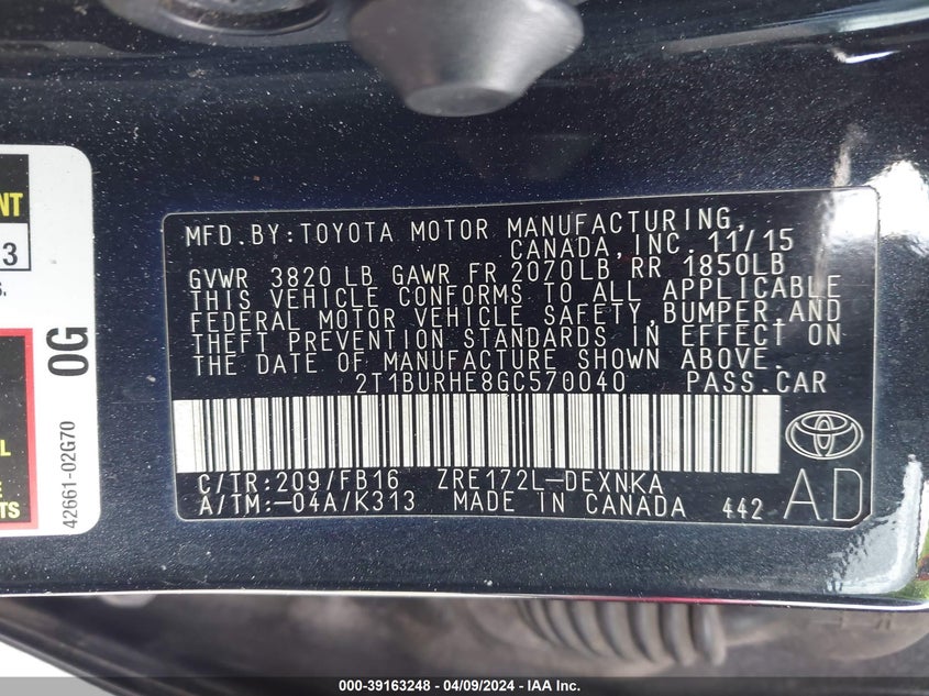 2016 TOYOTA COROLLA LE - 2T1BURHE8GC570040