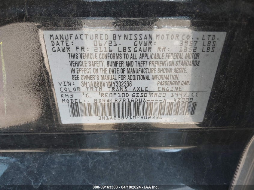 VIN 3N1AB8BV1MY302336 2021 NISSAN SENTRA S
