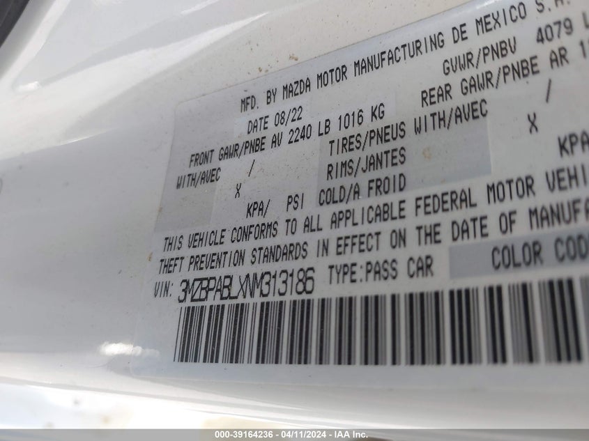 2022 MAZDA MAZDA3 SELECT - 3MZBPABLXNM313186