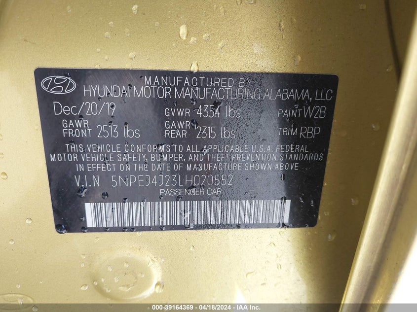 VIN 5NPEJ4J23LH020552 2020 HYUNDAI SONATA SEL PLUS