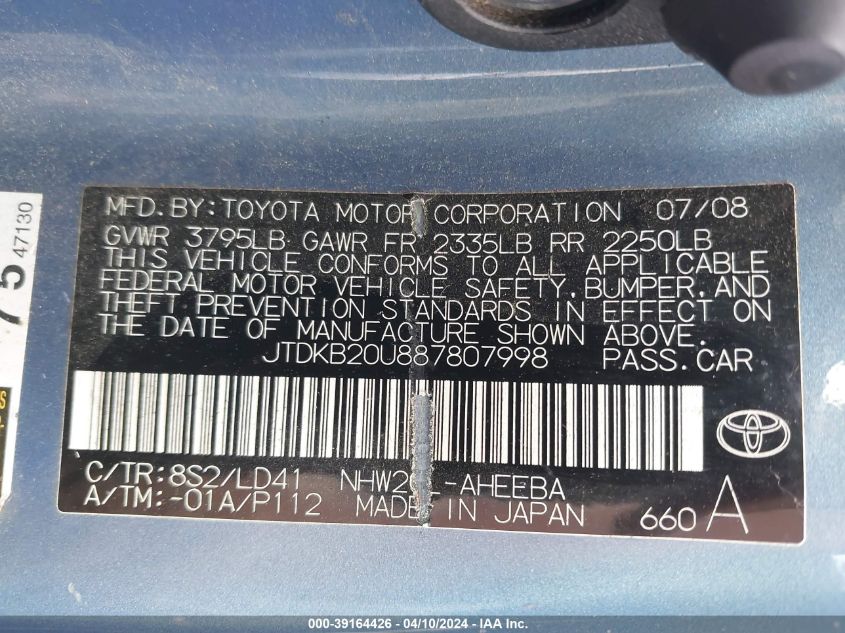 JTDKB20U887807998 | 2008 TOYOTA PRIUS