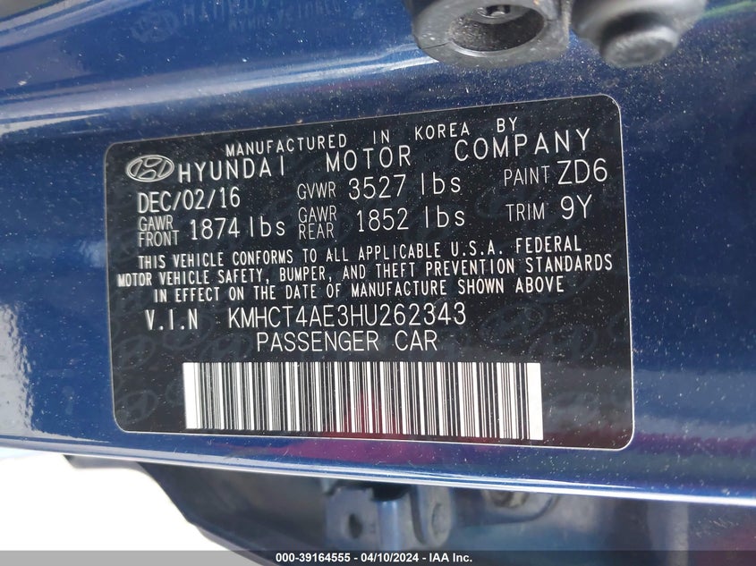 VIN KMHCT4AE3HU262343 2017 HYUNDAI ACCENT SE