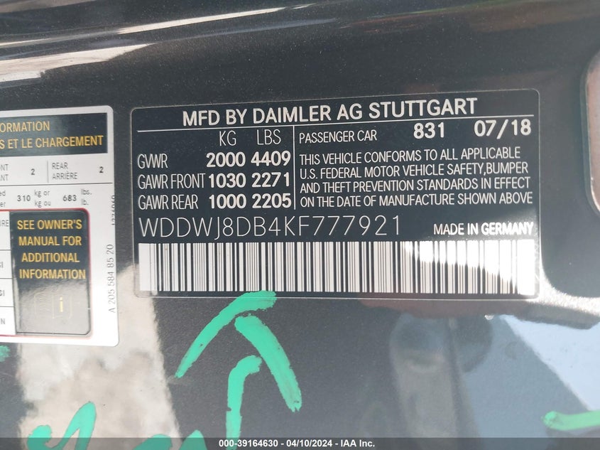 2019 MERCEDES-BENZ C-CLASS VIN: WDDWJ8DB4KF777921