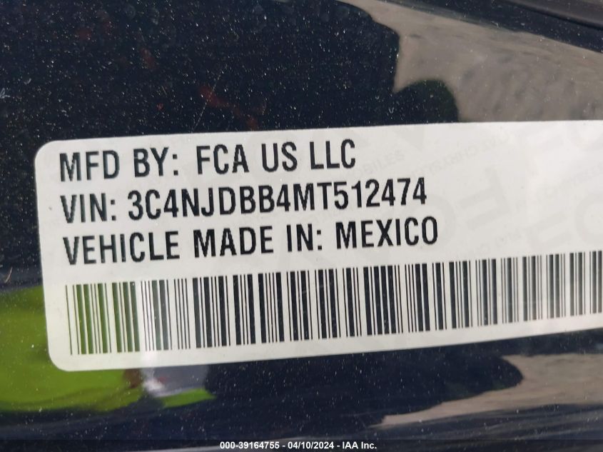 2021 Jeep Compass Altitude 4X4 VIN: 3C4NJDBB4MT512474 Lot: 39164755