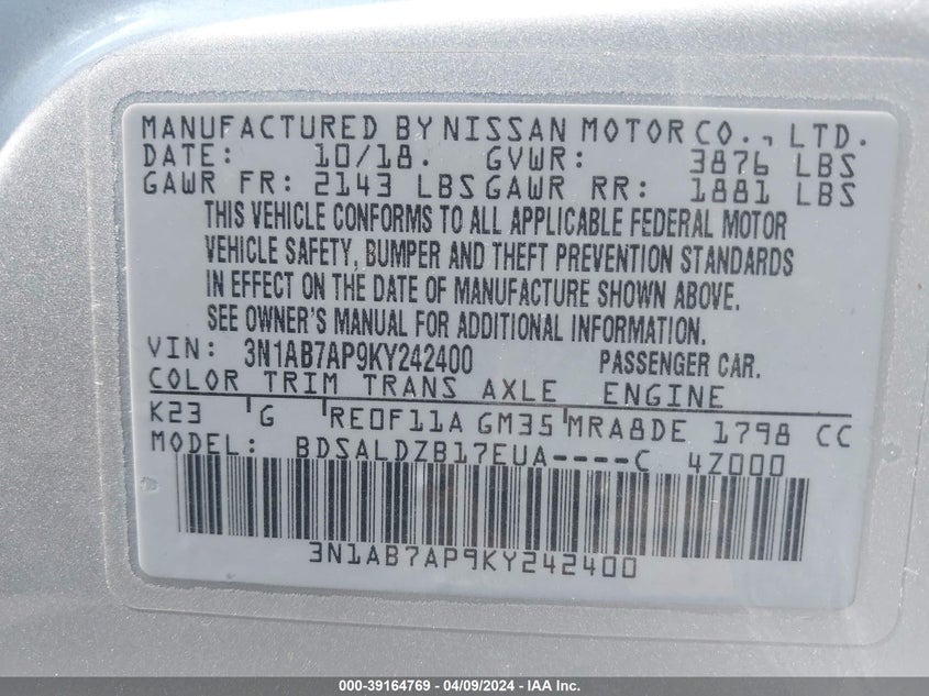2019 NISSAN SENTRA SV - 3N1AB7AP9KY242400