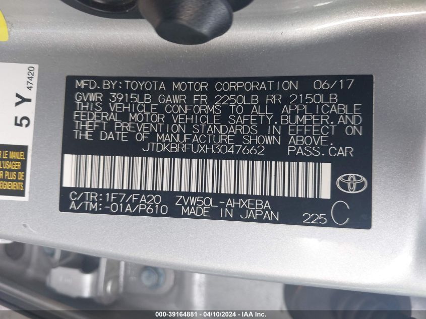 2017 Toyota Prius Two VIN: JTDKBRFUXH3047662 Lot: 39164881