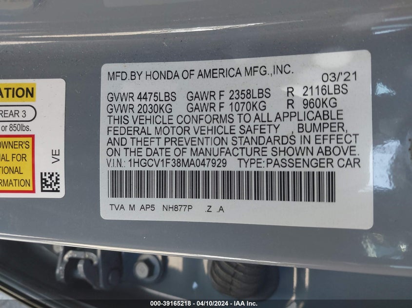 VIN 1HGCV1F38MA047929 2021 HONDA ACCORD SPORT