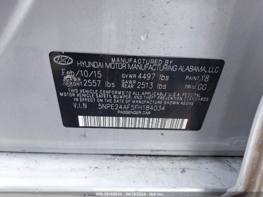 2015 Hyundai Sonata Se VIN: 5NPE24AF5FH184034 Lot: 39165630