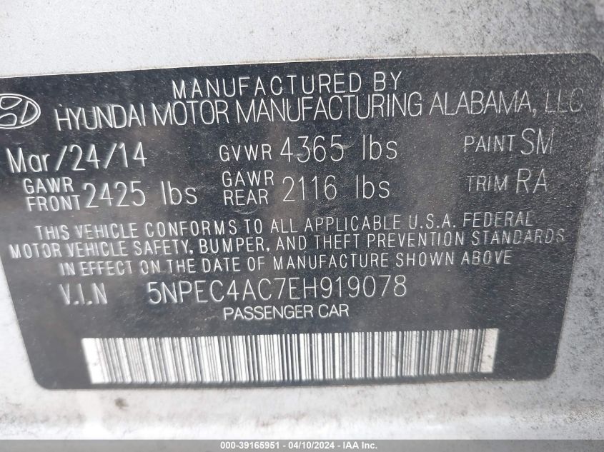 5NPEC4AC7EH919078 2014 Hyundai Sonata Se