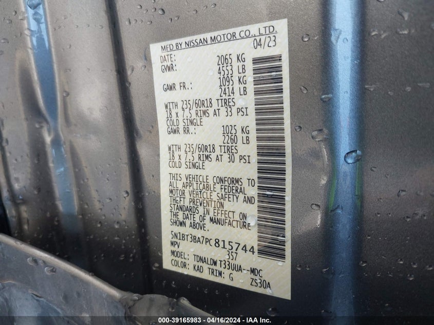 VIN 5N1BT3BA7PC815744 2023 NISSAN ROGUE SV