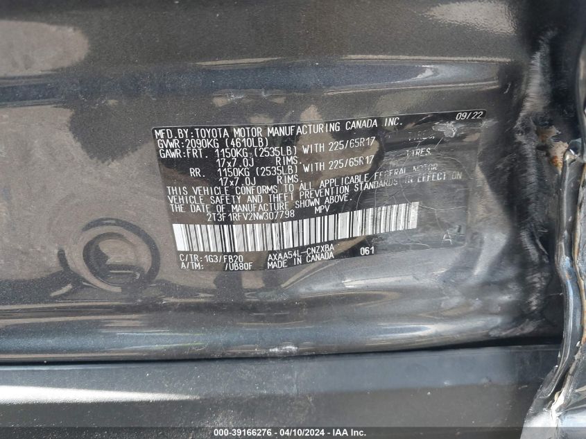 VIN 2T3F1RFV2NW307798 2022 TOYOTA RAV4 no.9