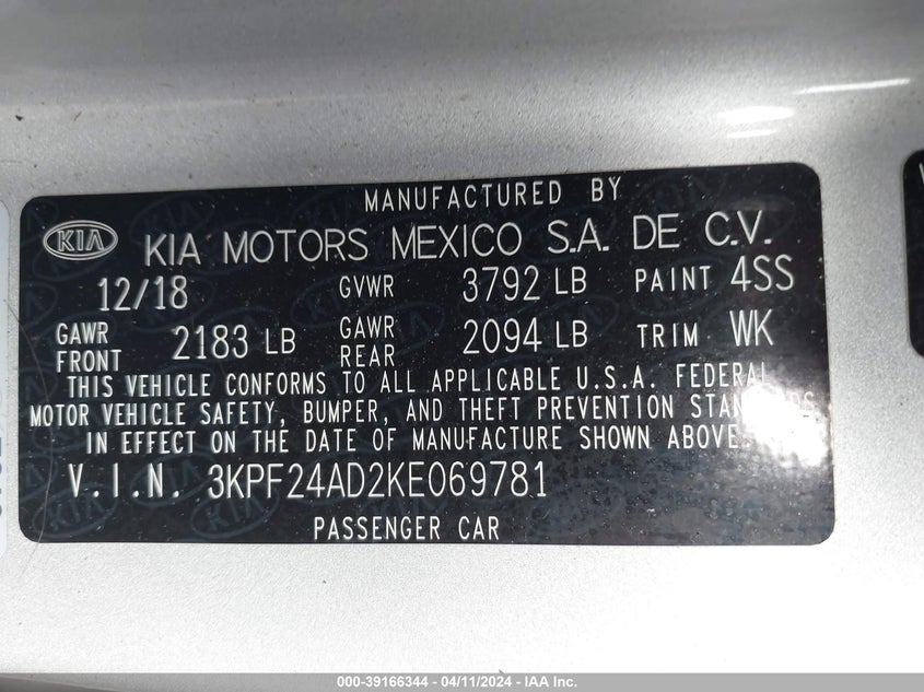 VIN 3KPF24AD2KE069781 2019 KIA FORTE FE/LX/LXS
