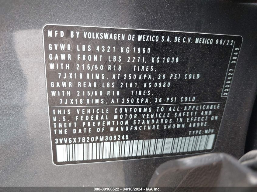 3VVSX7B20PM309245 2023 Volkswagen Taos 1.5T Se