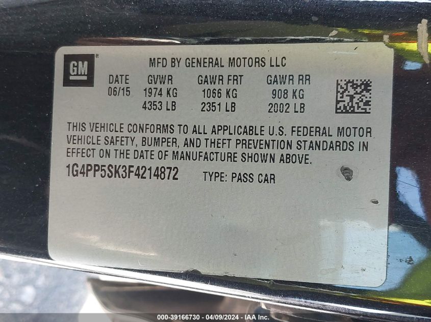 2015 Buick Verano VIN: 1G4PP5SK3F4214872 Lot: 39166730