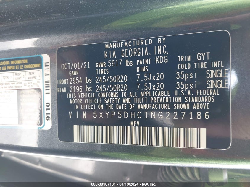 2022 KIA TELLURIDE 3.8L V-6 DI, DOHC, V(VIN: 5XYP5DHC1NG227186