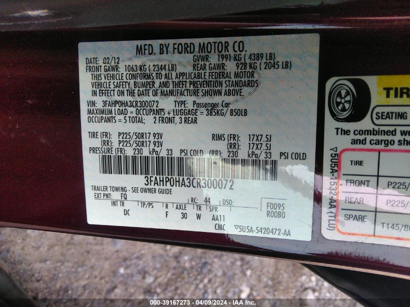 3FAHP0HA3CR300072 | 2012 FORD FUSION