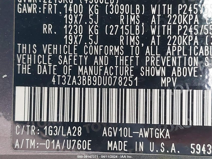 2013 TOYOTA VENZA VIN: 4T3ZA3BB9DU078251